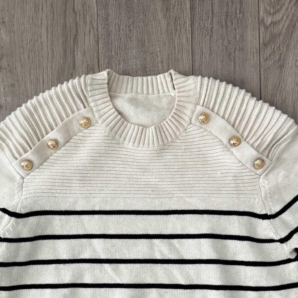 Striped Cream and Black Striped Sweater with Gold Button Accent - Picture 4 of 7
